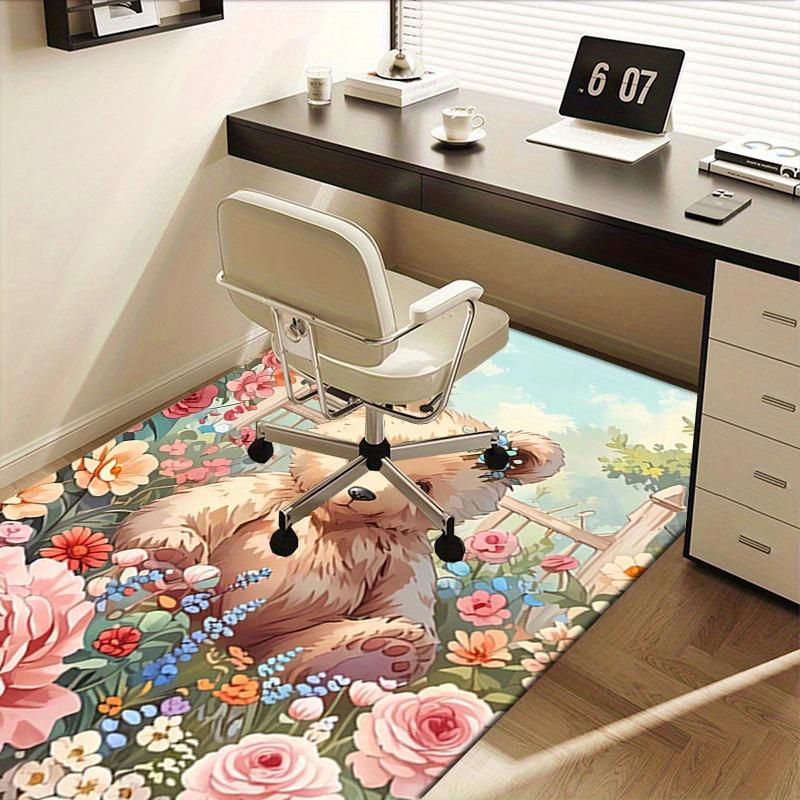 Office Carpet Cute Teddy Bear with Flowers Sofa Rug, Chair Mat Protection