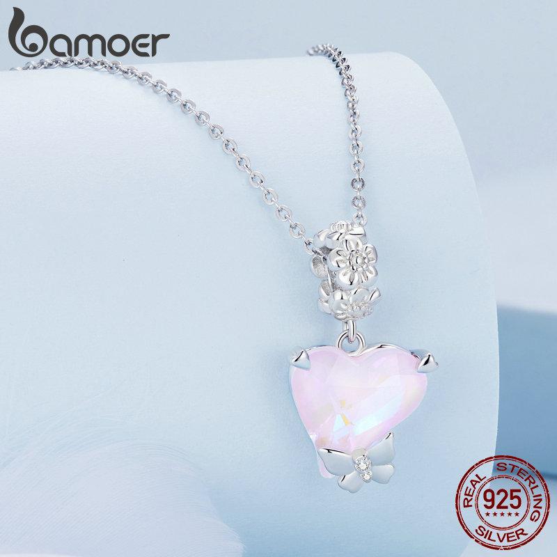BAMOER, argint 925, inimă, culoare moca, mărgele de sticlă, zircon, farmece mici fluture pentru femei, brățară și colier, bijuterii DIY