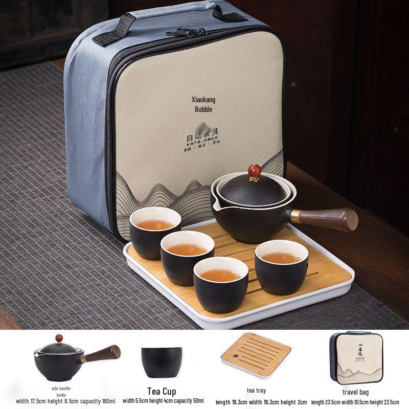 Portable Ceramic Kung Fu Tea Set with Bag – Includes One Pot, Four Cups, and Side Handle for Outdoor or Car Use