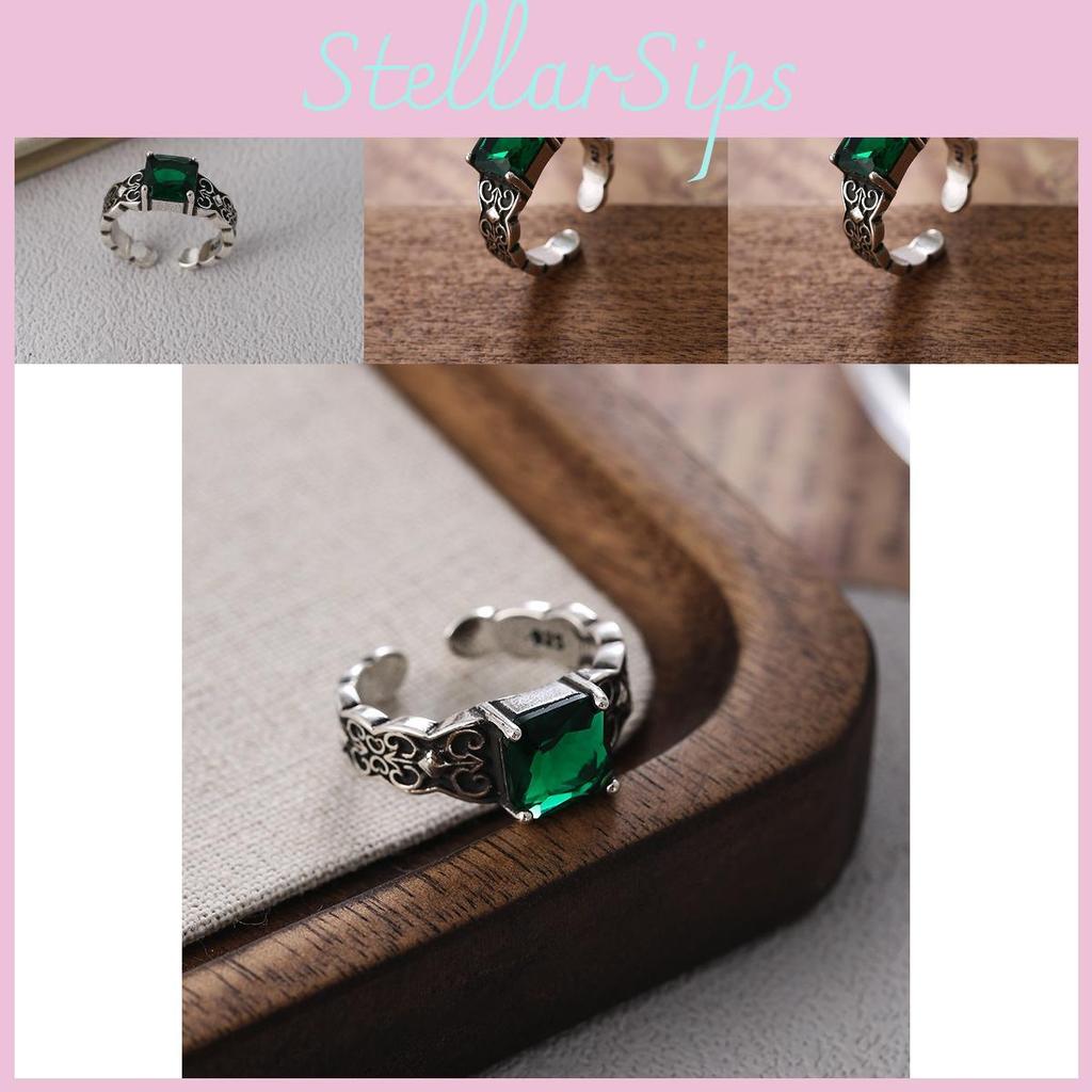 Chic Retro Floral Pattern Green Zircon Ring Stylish High-quality Adjustable Band