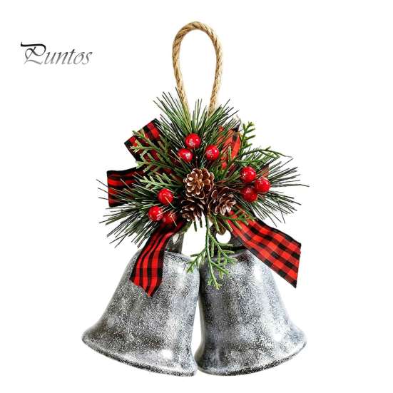 Handmade Style Christmas Tree Decor Bell Ornaments, Metal Double Jingle Bells Xmas Hanging Holiday Party Door Decoration with Pinecones Berries