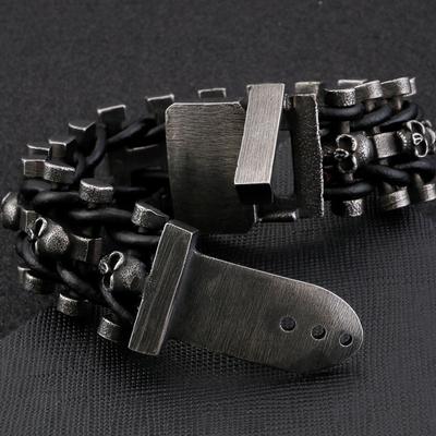 Premium herr vintage punk rostfritt stål biker skalle armband handgjorda flätade läder armring gotiska manliga smycken