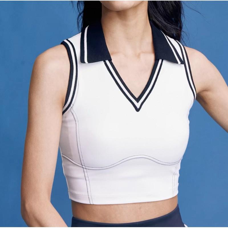 Women s Contrast Color Double Pleated Tennis Dress Polo Neck Sports Vest Nude Breathable Fitness Suit Two-piece Set S