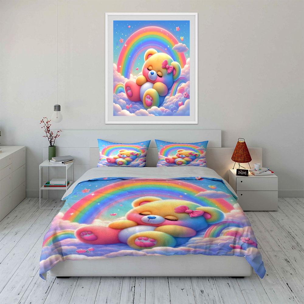 Rainbow Teddy Bear On Dreamy Clouds Duvet Cover Set With 3D Printing Design Soft Polyester Bedding Set All-Season Comfort