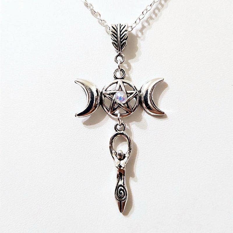 Gothic Triple Moon Goddess Star Necklace - Pentagram Fashion Pendant Necklace - Wicca Jewelry