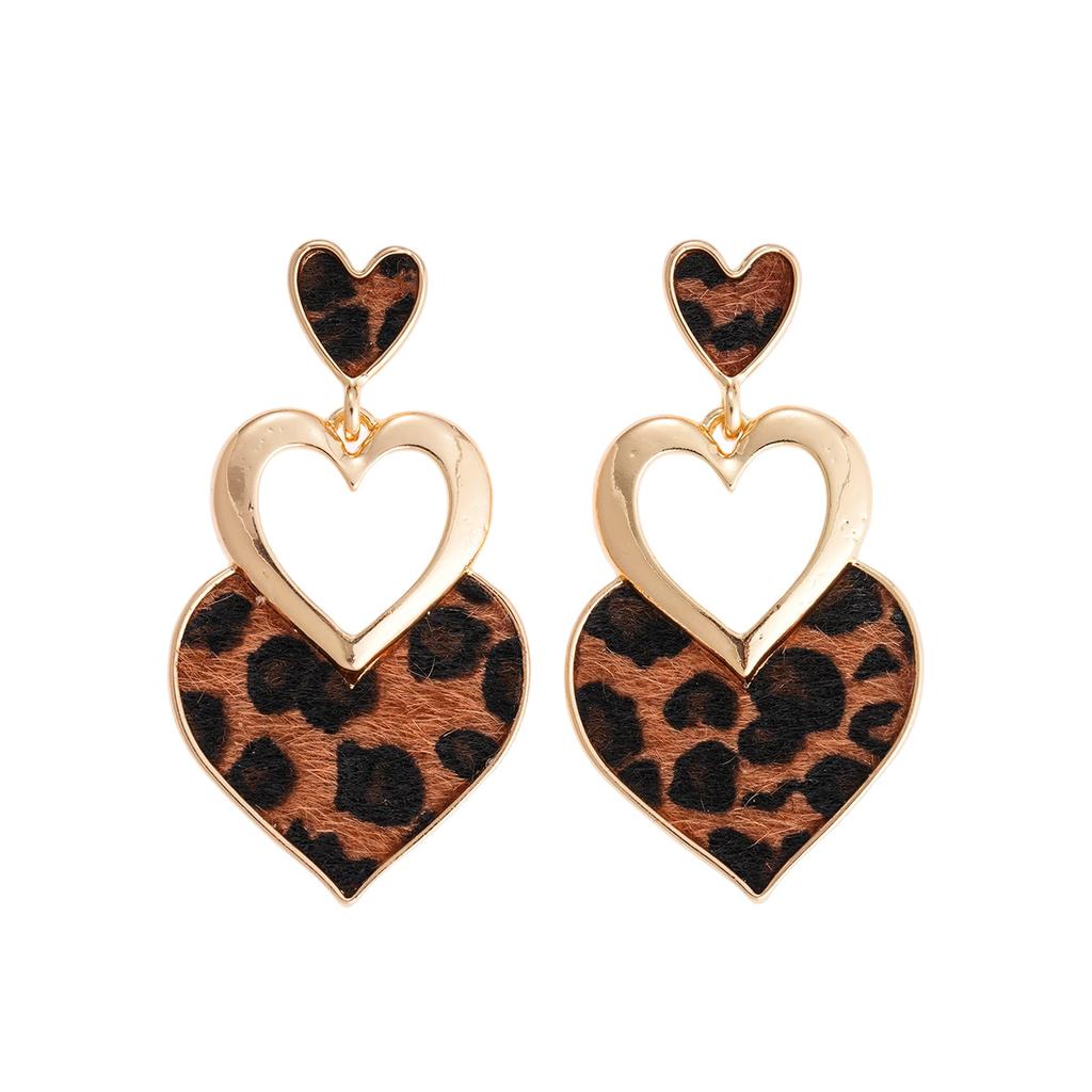 European and American leopard print geometric rhombus love fan silver needle earrings Maillard retro autumn and winter high-end earrings