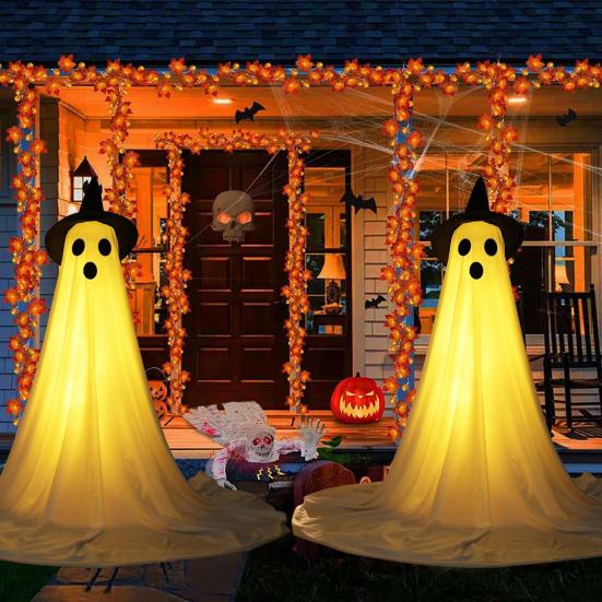 55" Solar Ghost Light for Halloween Outdoor Decoration Waterproof Light Up Standing White Ghost with Witch Hat