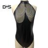 Women Honeymoon Bodysuit Fishnet Faux Leather Patchwork Off Shoulder Bodycon Chain Decor Open Crotch Playsuit Nightclub Hotel Wedding Night Sex