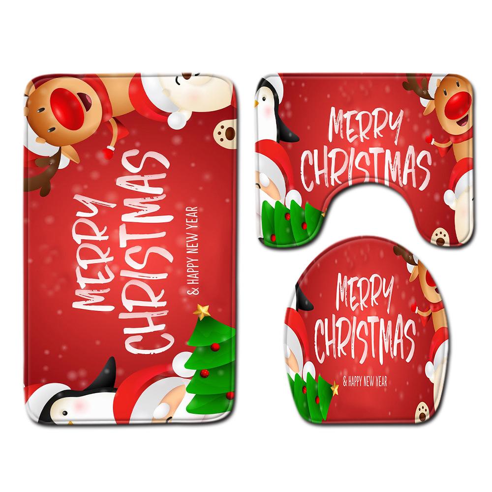 Christmas Bathroom Non-Slip Door Mat, Shower Curtain Floor Mat Combination Four-Piece Toilet Absorbent Carpet