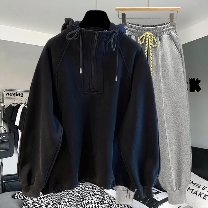 High-Quality Oversized Half-Zip Hoodie - Solid Color, Breathable Patchwork Design for Spring & Autumn