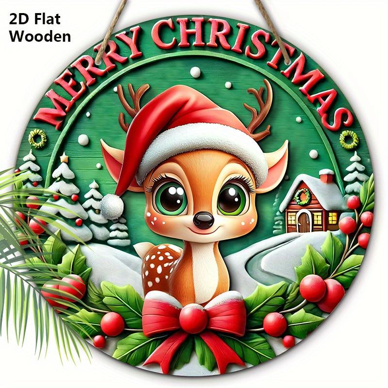Christmas Litter Deer Christmas Wooden Sign 2D Relief Effect of Christmas Wreath Sign for Front Door Wall Hanging Decor Ideal Christmas Decoration 20cm