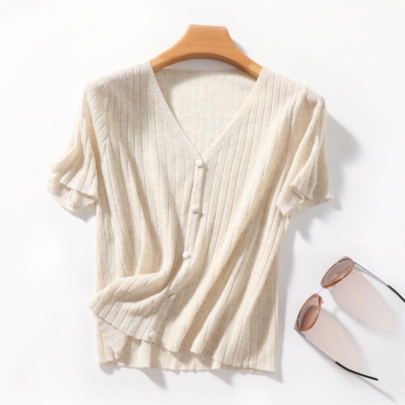 Summer Thin Ice Silk Linen Short-sleeved T-shirt for Women V-neck Relaxed Fit Knitted Cardigan Korean Style Stylishable Versatile Top