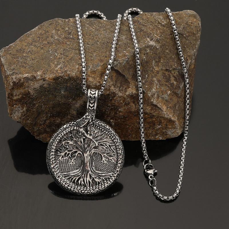 Vintage Viking Serpent Yggdrasil Pendant Necklace Nordic Mythology Jewelry Gift for Men Women 60cm