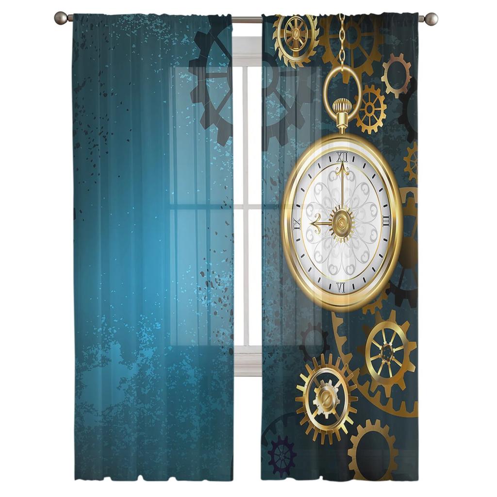 Clock Blue Background Chiffon Sheer Curtains For Living Room Home Decoration Window Voile Tulle Curtain Drapes