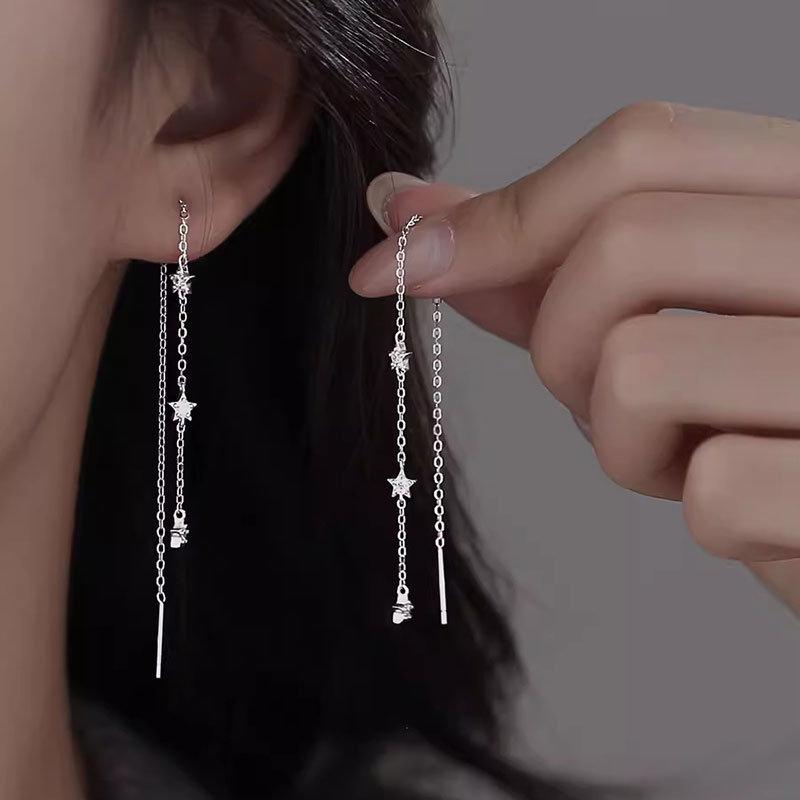 1Pc New 925 Copper Needle Star Tassel Earrings Small and Delicate Five Pointed Star Zircon Long Earrings Women's Fashion Zircon