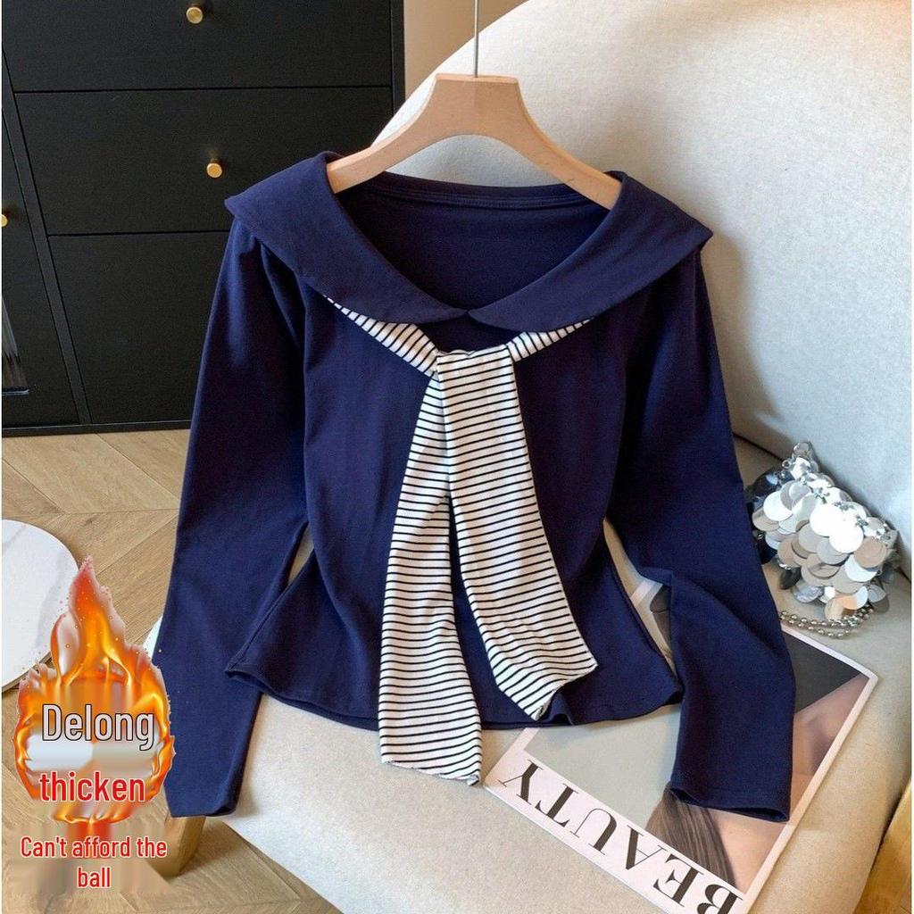 Korean Style Drop Shoulder Naval Collar Long Sleeve Top for Women, Slim Fit Flowy Ribbon Design, Perfect for Spring/Autumn.