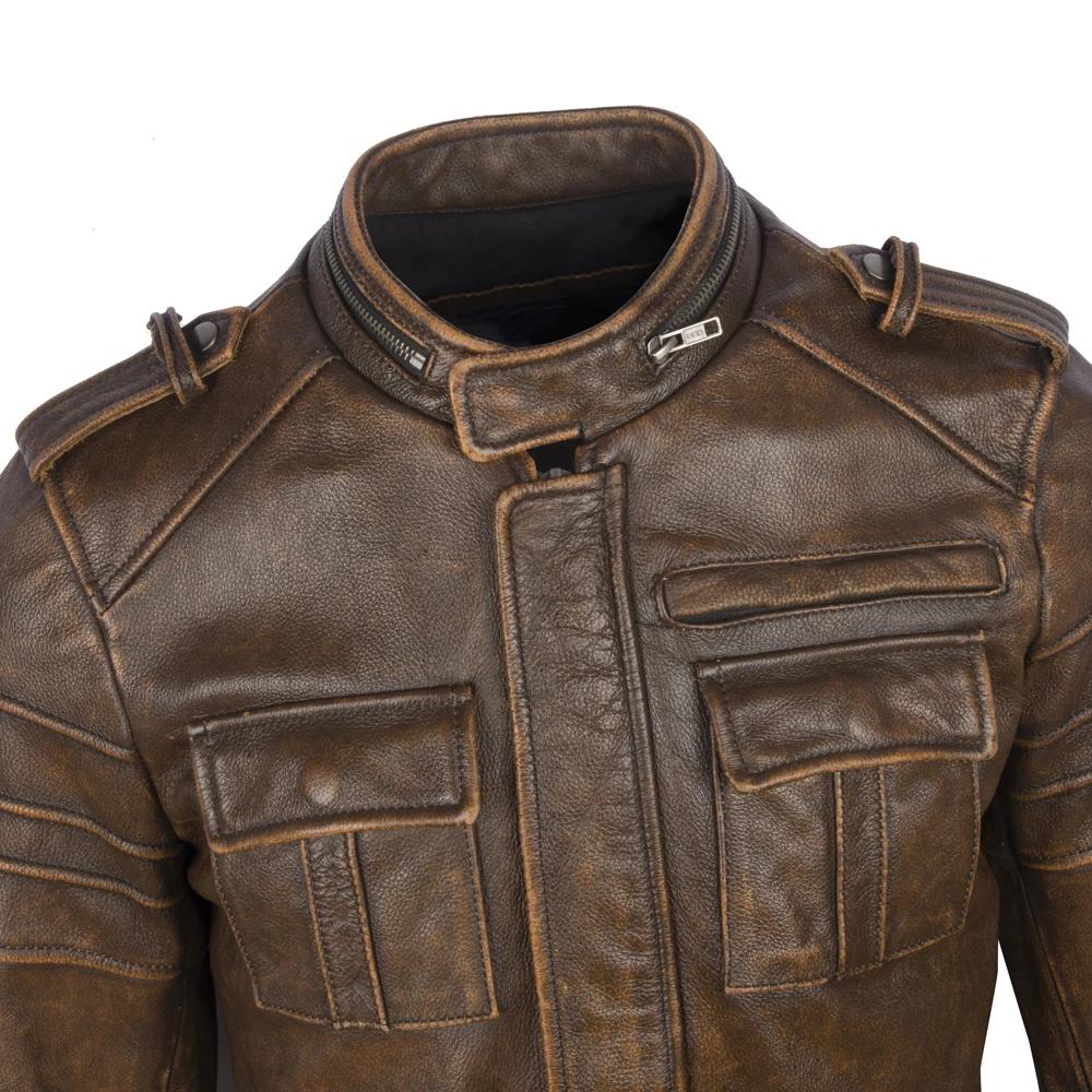 Vintage Genuine Leather Jacket Men Cowhide Yellow Brown Natural Cow Leather Jackets Man Leather Coat Autumn Clothing