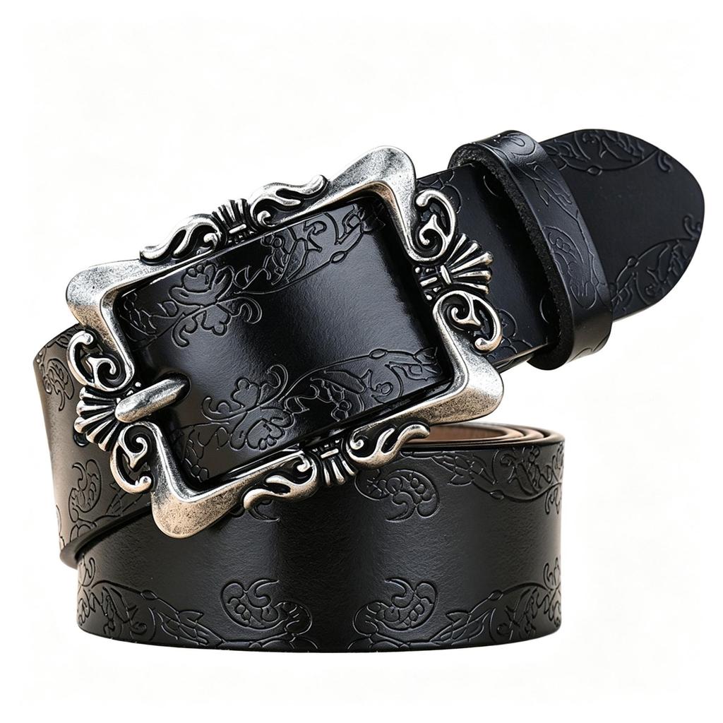 Luxury Retro Palace Style Women's Leather Belt with Butterfly Embossed Carved Buckle