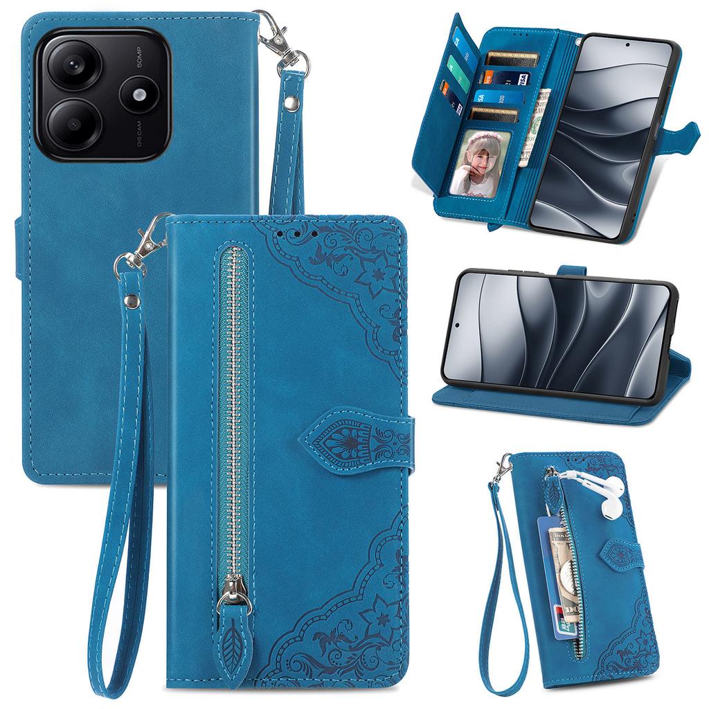 For Xiaomi Redmi Note 14 5G Zipper Wallet Case with Strap Flower Imprint PU Leather Phone Cover