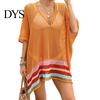 Beachwear Dress Women Bikini Cover Up V-Neck Drop-shoulder Sleeves Hollow Side Split Color Block Crochet Swimsuit Cover-ups
