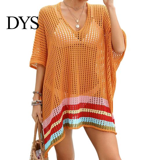 Beachwear Dress Women Bikini Cover Up V-Neck Drop-shoulder Sleeves Hollow Side Split Color Block Crochet Swimsuit Cover-ups