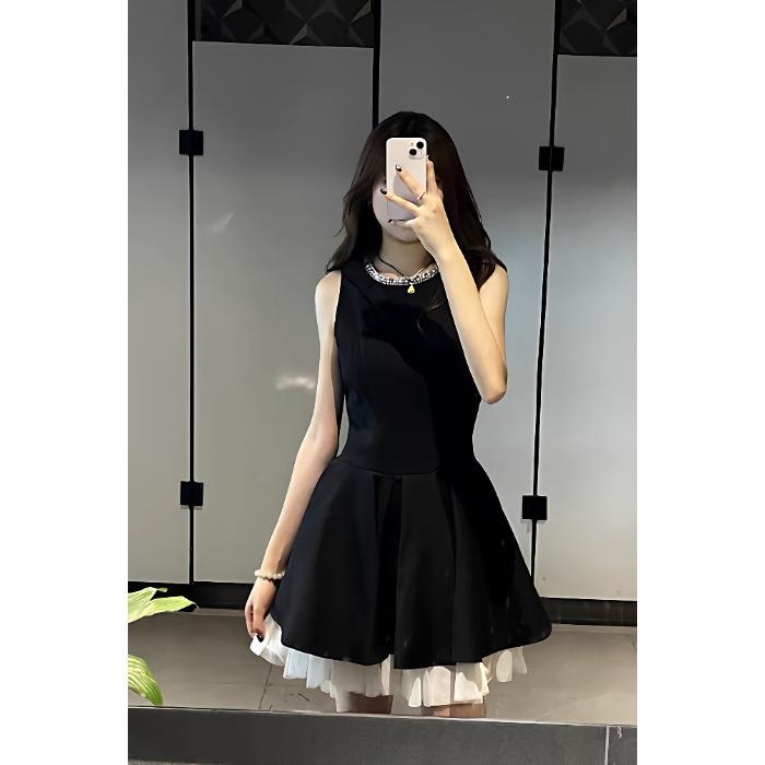 Elegant Gold-Embroidered Little Black Dress - Women s Summer Sleeveless Slim Fit Party Dress Large