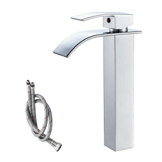 Brushed Nickel Waterfall Bathroom Faucet Modern Single Handle Ceramic Valve Core Sink Faucet with Hose Deck Plate (High Style)