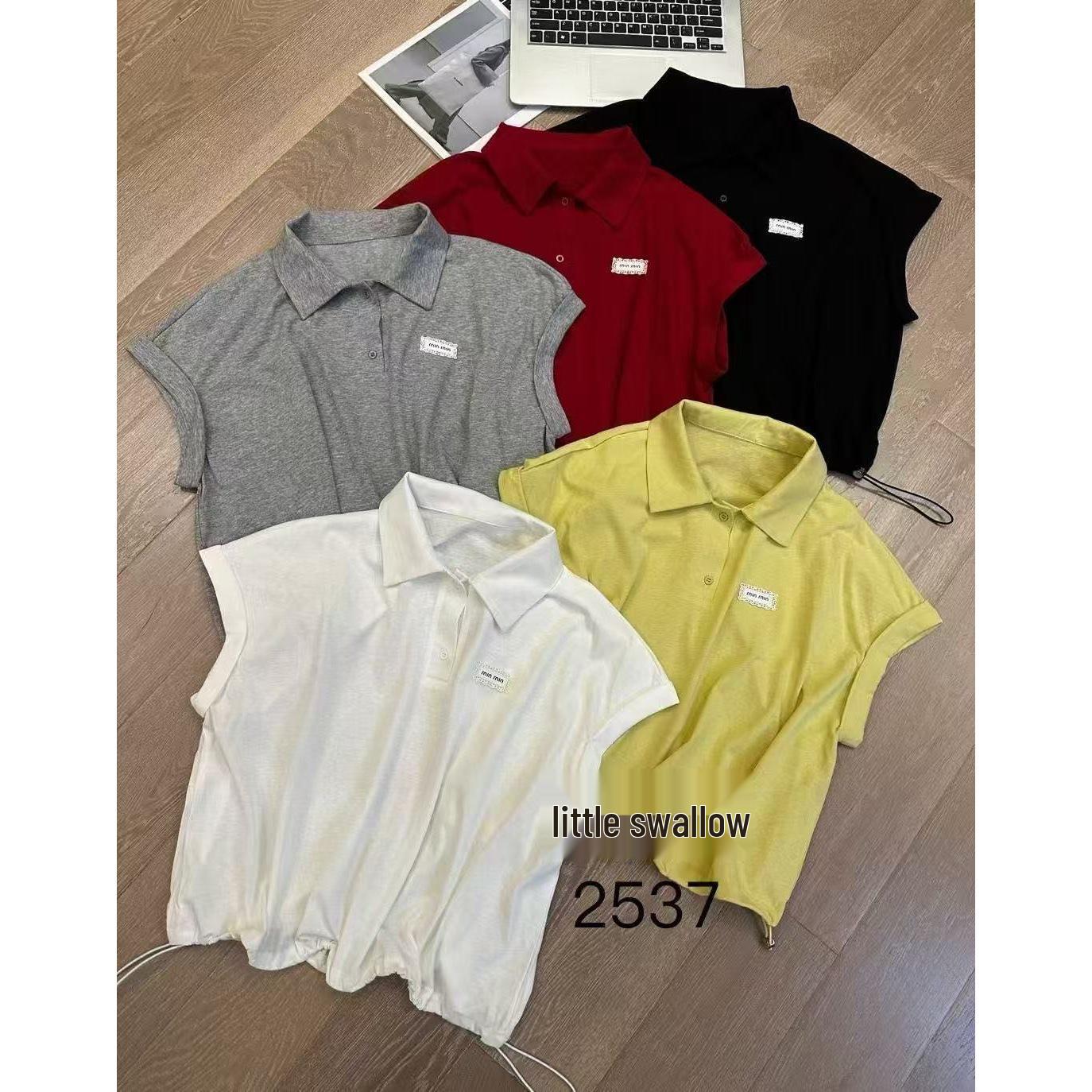 

2025 Корейский стиль Свободная повседневная белая рубашка поло с вышивкой и короткими рукавами для женщин Large жёлтый