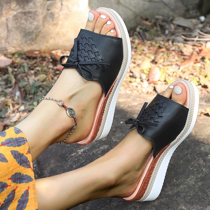 

Fashion Bowtie Wedges Sandals for Women Summer 2025 Lightweight Non Slip Beach Shoes woman Casual PU Leather Platform Slippers 43 чёрный