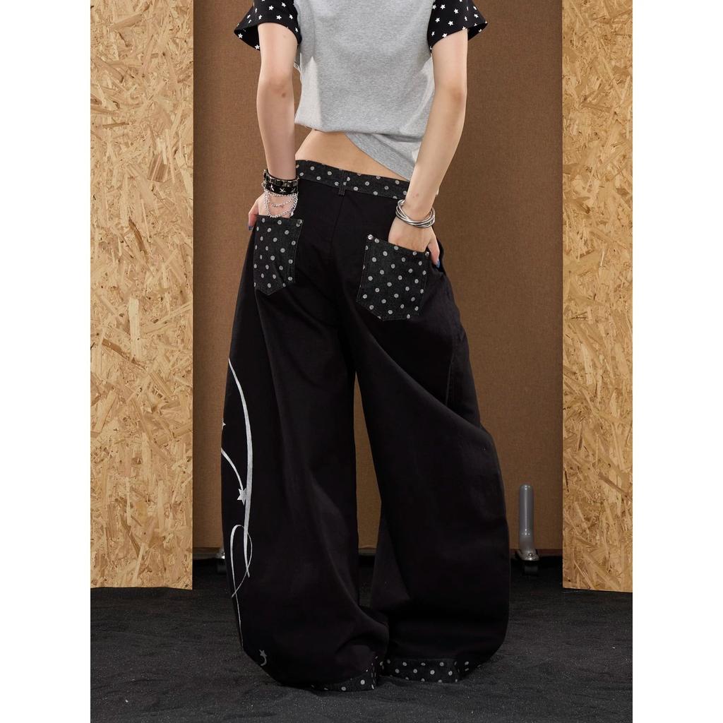 Printed Street Summer Wide Leg Pants Women's Loose Casual Pants Men's Vintage Alphabet High Street American Sub-Trendy Black