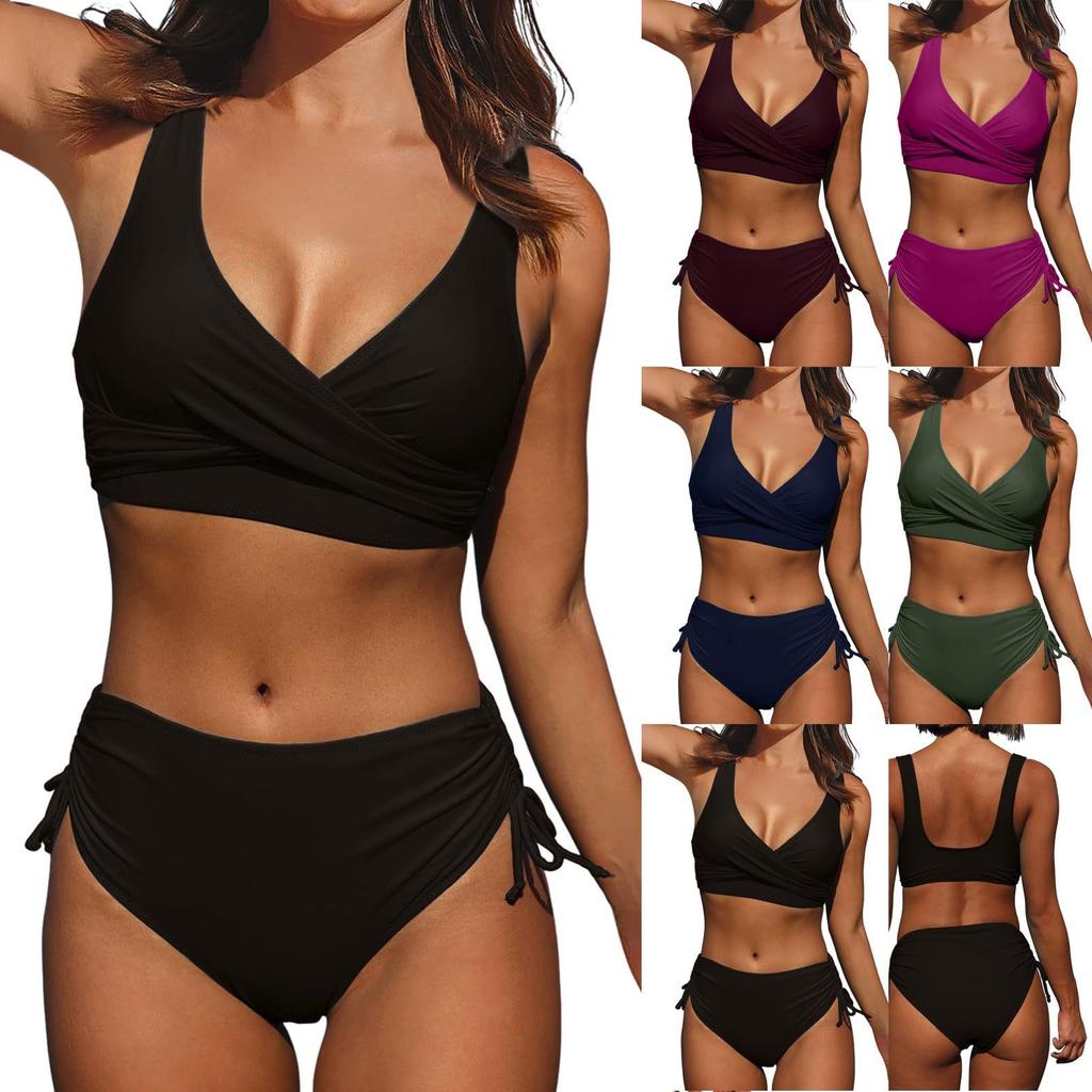 Swimsuit Split Bikini Solid Color Cross High Waist with Straps Sexy Swimsuit