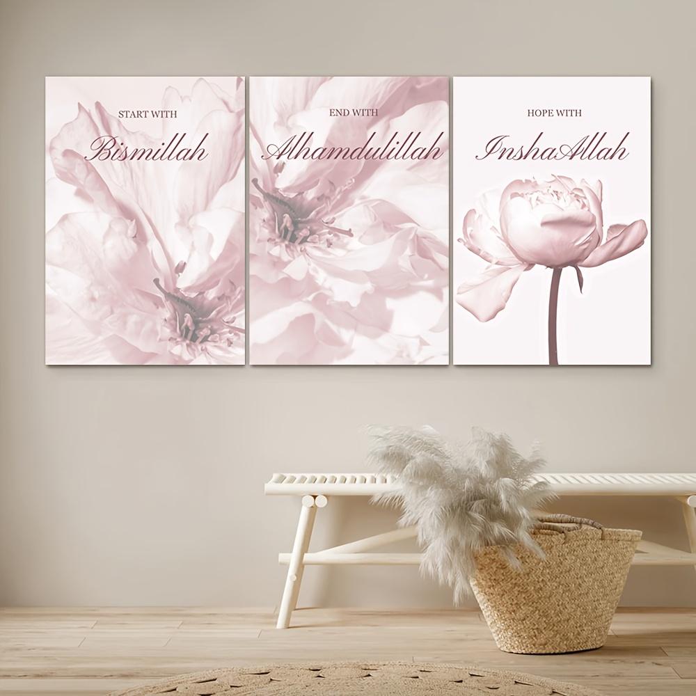 3 Stück Moderne Rosa Blumige Islamische Kalligraphie Leinwand Kunstdrucke - Ideal für Ramadan-Feiern, Moderne Wandkunst Islamische Wohnkultur 21X30CMNo Framed white