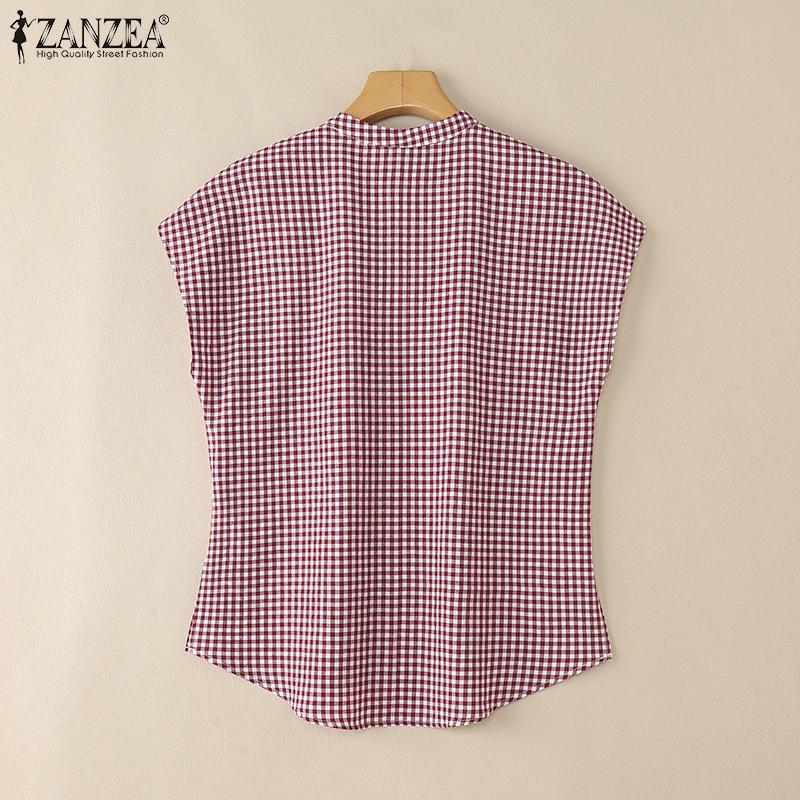 ZANZEA Bluză de vară pentru femei cu gât în V, fără mâneci, casual, retro, cu imprimeu carouri