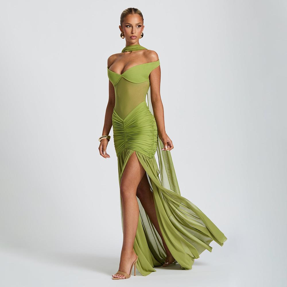 European and American Style Summer Sexy Tube Top Long Dress Fashionable Slim-fitting Halter Mesh Shrinkage Pleated Split Dress