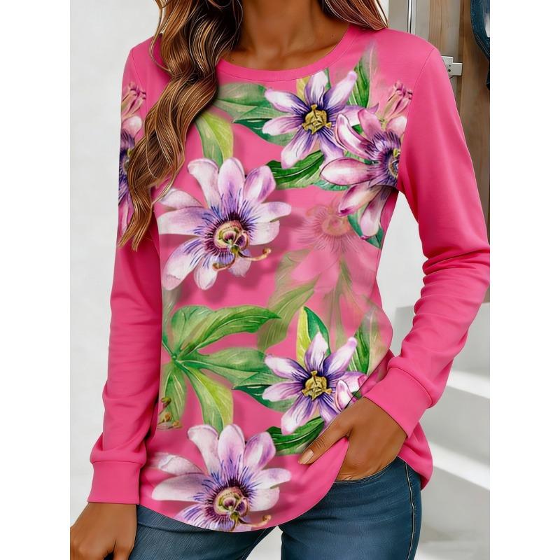 Women's Passionflower Print Long-Sleeved Loose-Fit Round Neck Top, Casual, Everyday, Stylish and Elegant