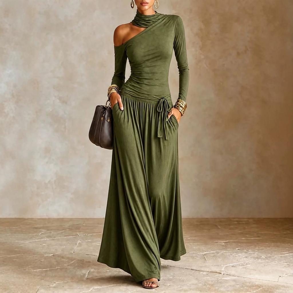 Women's Color Asymmetrical Off Shoulder Long Sleeve Casual Vacation Dress for Beach and Travel