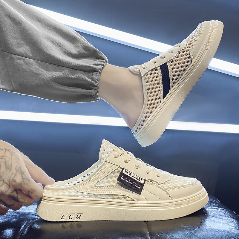 2025 Mesh Halbschuhe für Herren Pantoletten Schnürschuhe Herren Semi-Drag Freizeitschuhe Sandalen Flache Sommer Backless Loafer Slipper Herren Pantoletten