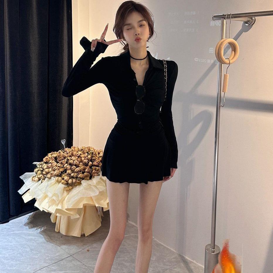 American Polo Neck Fleece Thickened Dress Pure Desire Spice Girl Pleated Sports Slim Fit Waist Skinny Short Skirt Skirt