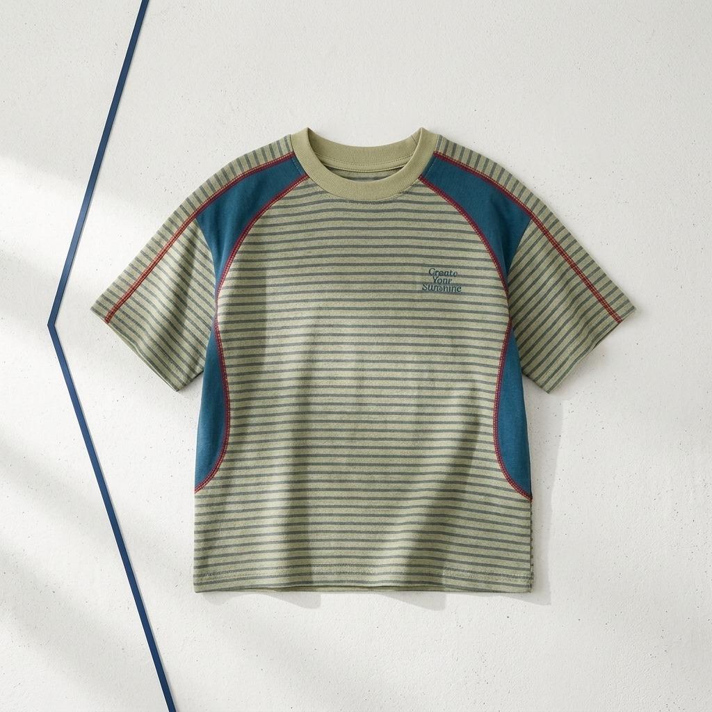 Outdoor Mountain-Style Boys' Summer Cool And Stylish Color-Blocked Striped Top Breathable Letter-Print Short-Sleeve T-Shirt For Older Children