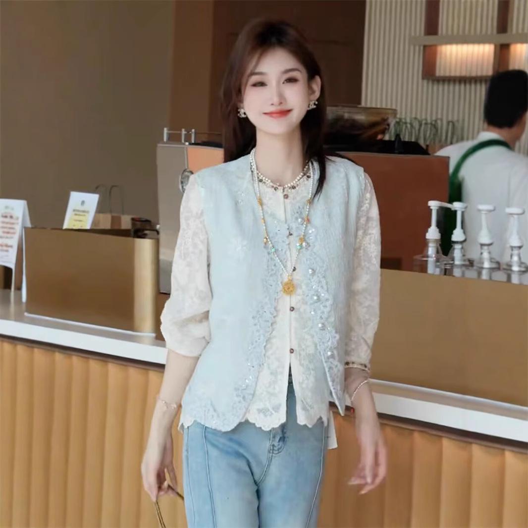 

Spring 2025 French New Chinese Style Lace Embroidery Satin Vest and Shirt Set M рожевий