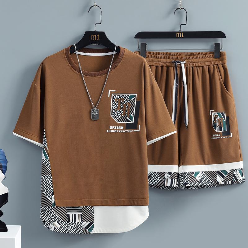 Men's Sets Fashion splice Print Streetwear Summer Tracksuit T-Shirt Shorts Set Men Two Piece Joggers Sports Suit