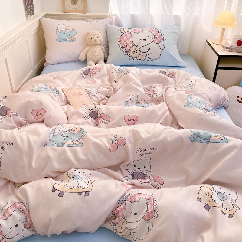 Class A Maternal And Infant Grade, Washed Cotton Cartoon Four-Piece Set, Xiaoxiangfeng Bed Sheet Quilt Cover, Student Dormitory 3Pcs Set