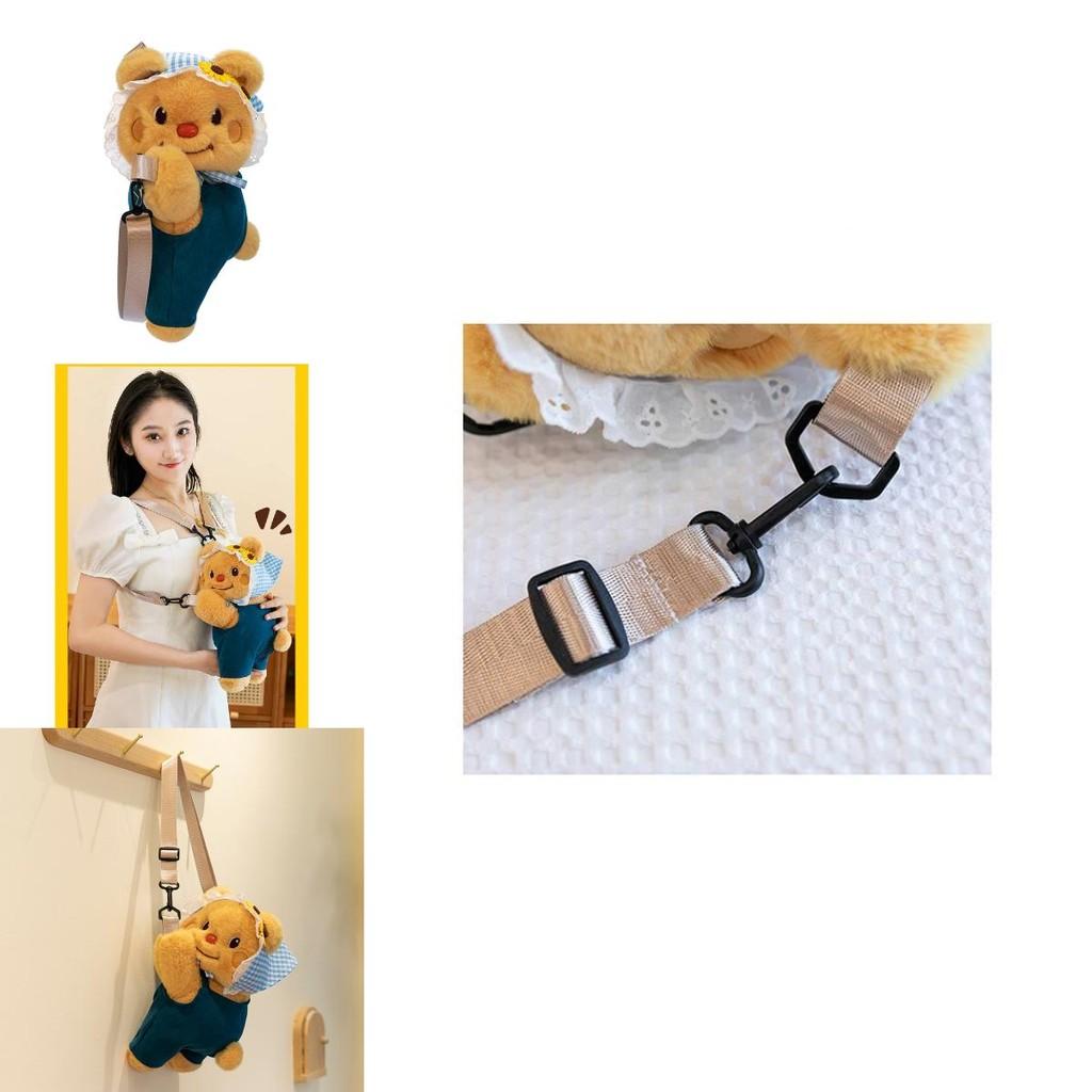 Adorable Brown Butter Bear Plush Crossbody Bag With Cute Denim Overalls For Girls