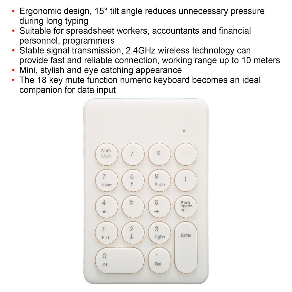 Numeric Keyboard 18 Keys Ergonomic Tilt Design 2.4GHz Wireless Stable Signal Numeric Keypad