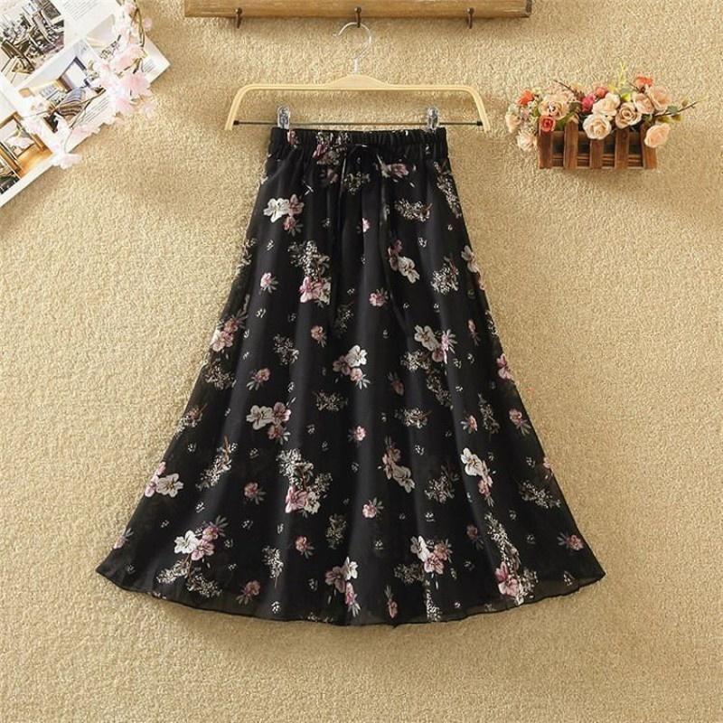 Qooth Women A Line Flower Chiffon Skirt Wide Hem Mid Length Elastic Waist Casual Skirt QT2665