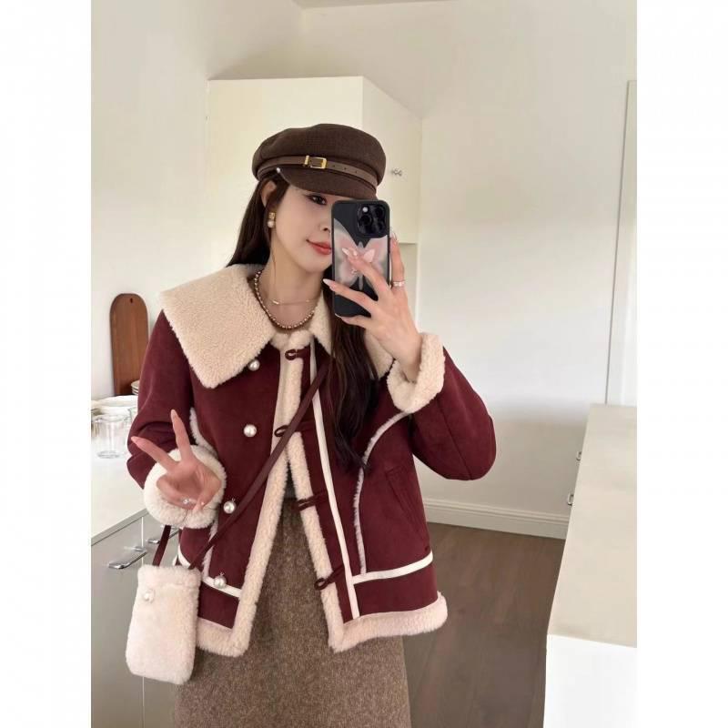 

Женское пальто из овечьей шерсти с большим лацканом: Корейская кожаная куртка с мехом для мотоцикла на осень/зиму S (85-95 lbs) красный