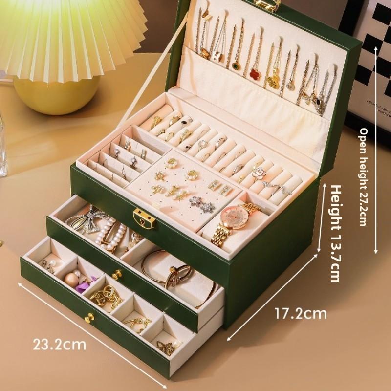 Luxury Three-Layer Jewelry Storage Box Vintage Flip PU Case High-End Ring Earring Necklace Organizer with Removable Dividers