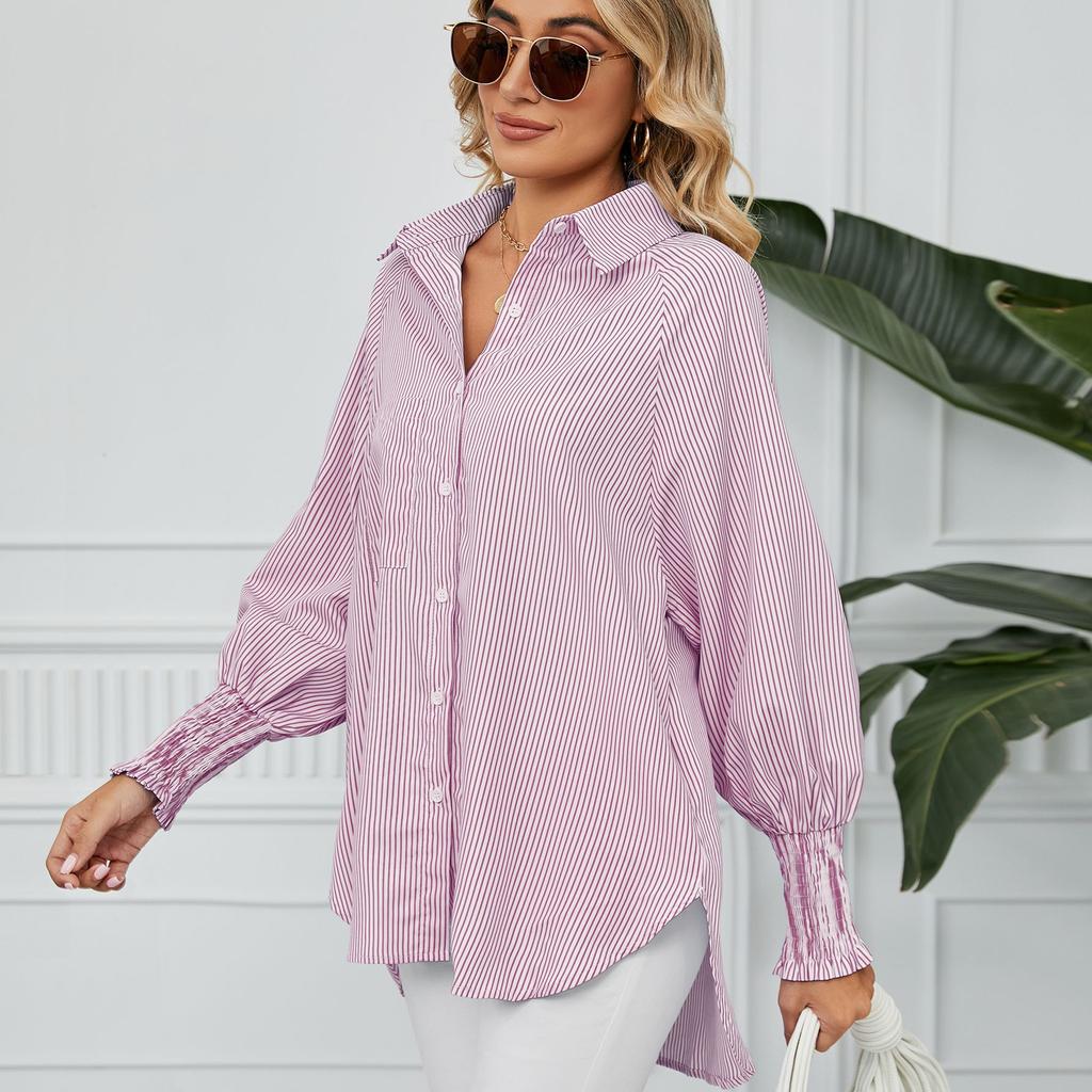 YYFS Damenmode Casual Frühling Herbst Streifendruck Langarm Polokragen Blusen & Hemden