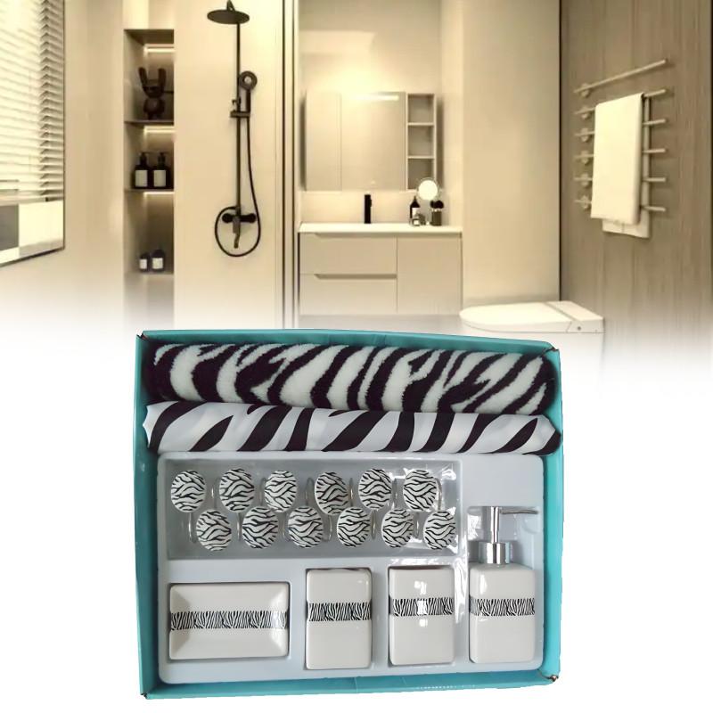 Modern Geometric Polyester Bathroom Set With Shower Curtain And Nonslip Mat For Home Use