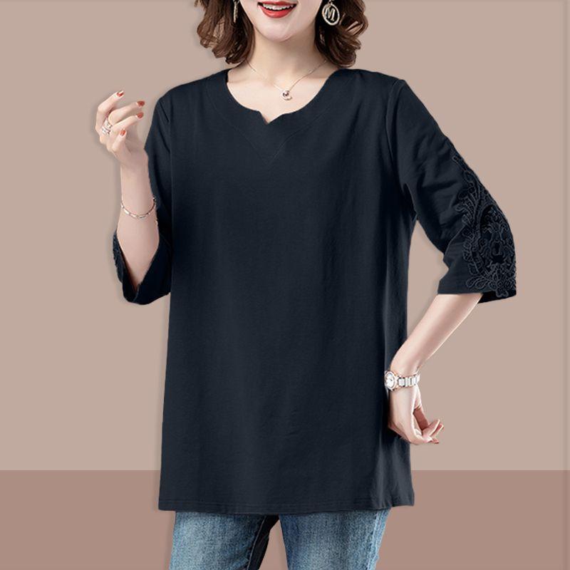 Summer Women's Plus Size T-Shirt Loose Three-Quarter Sleeve VT Shirt Solid Color Top